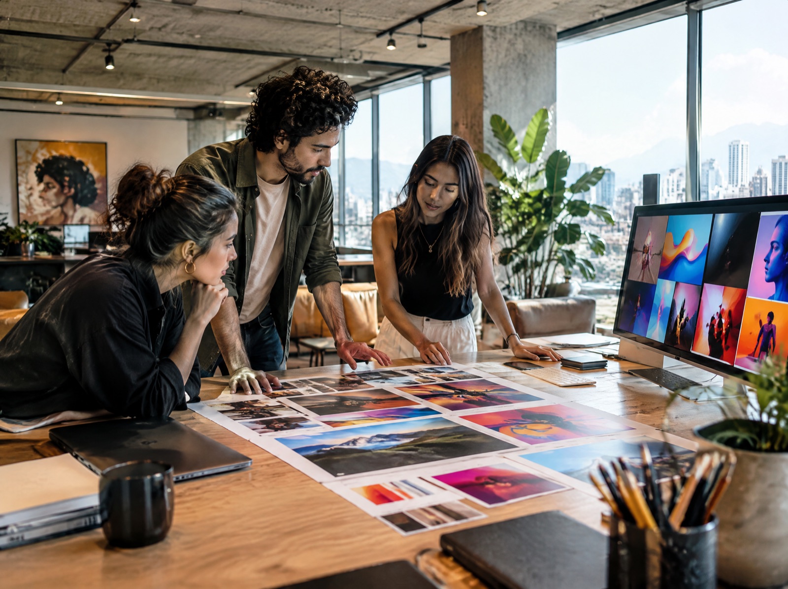 Equipo creativo de una agencia revisando piezas de campaña impresas y en pantalla sobre una mesa de trabajo.