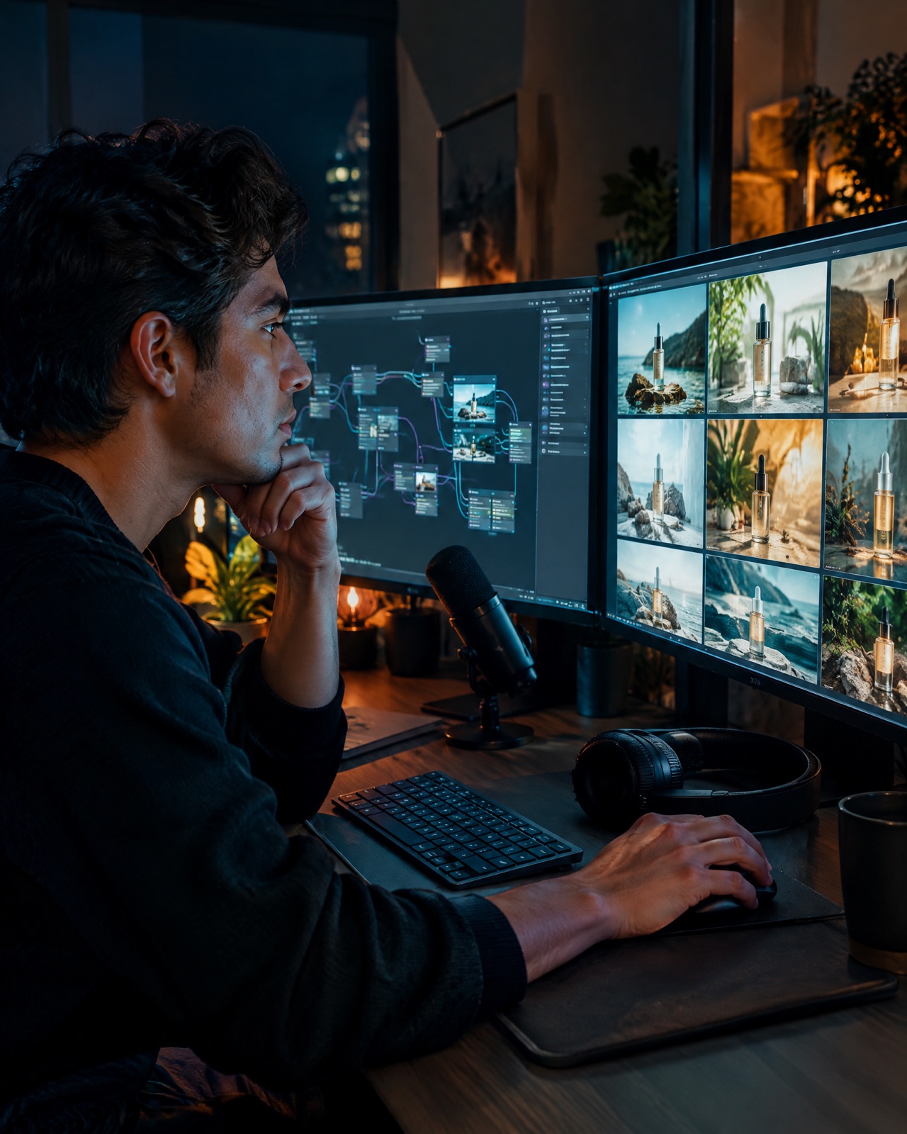 Un creativo de IA revisa un flujo de nodos y una cuadrícula de fotos de producto generadas con IA en dos monitores.