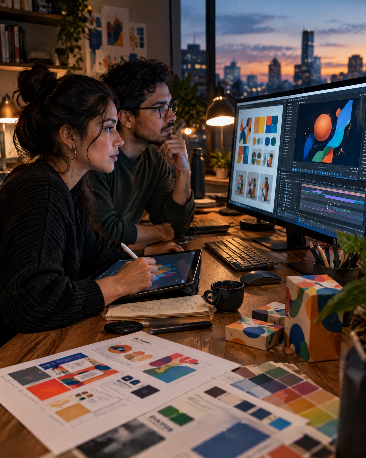 Una diseñadora y un animador revisan una identidad de marca y una línea de tiempo de animación en su estudio, con empaques y muestras de color sobre la mesa.
