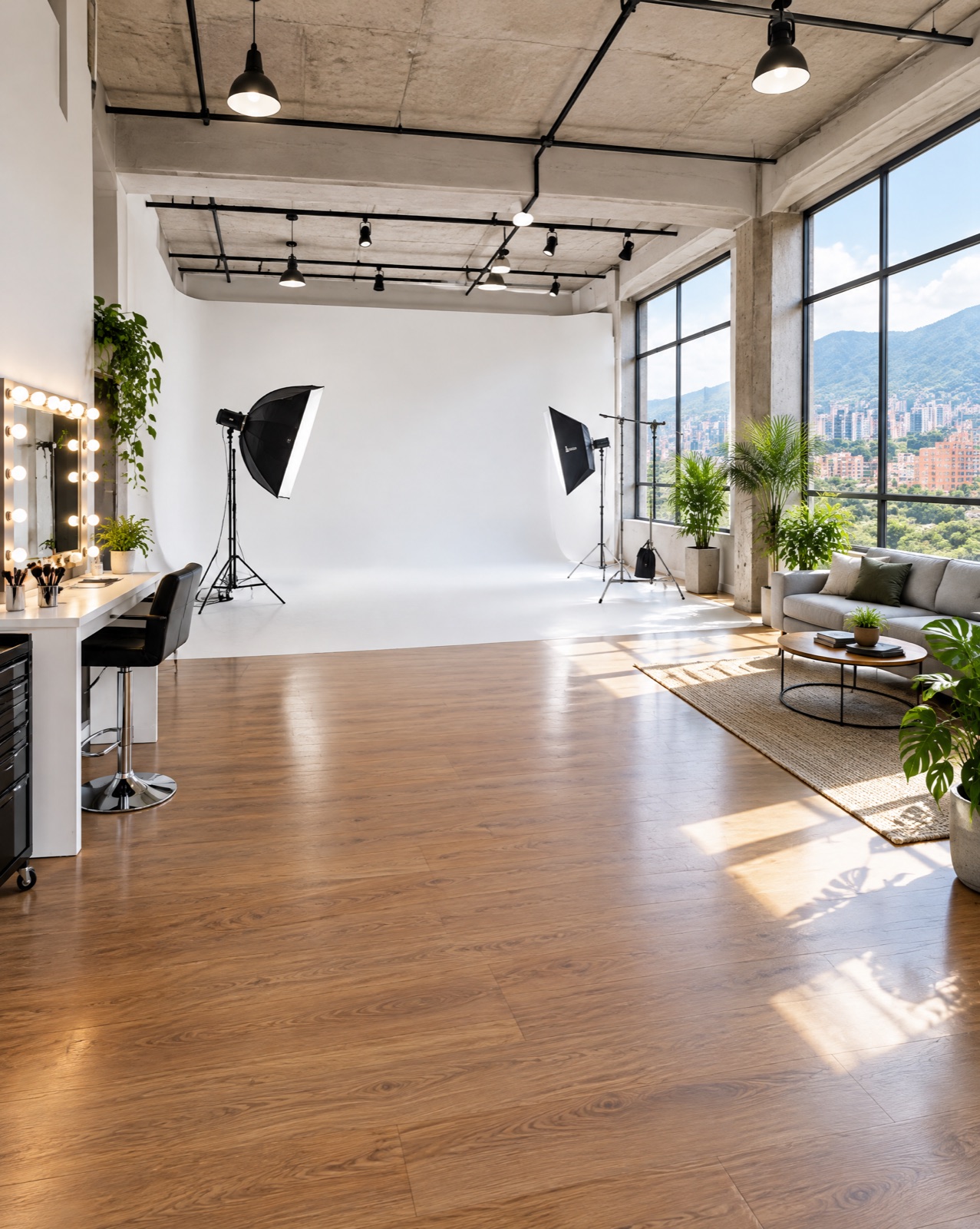 Estudio de fotografía con ciclorama blanco, luces de estudio, camerino y ventanales con vista a la ciudad.