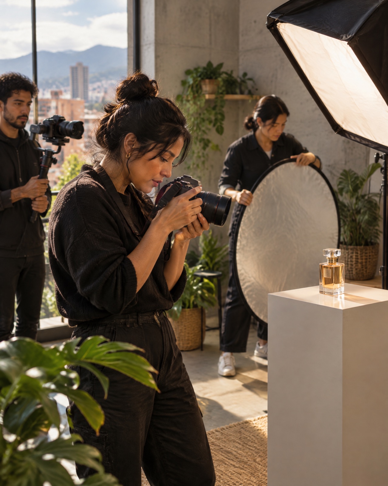 Fotógrafa y videógrafo en una sesión de producto en estudio, con un perfume sobre un pedestal y un reflector.