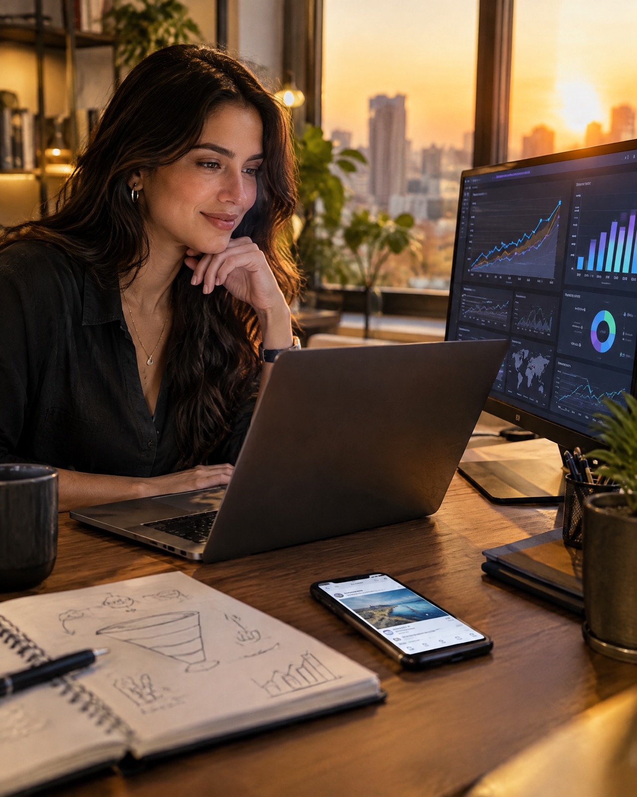 Una especialista en marketing revisa dashboards de campañas con métricas al alza, junto a un cuaderno con el boceto de un embudo.