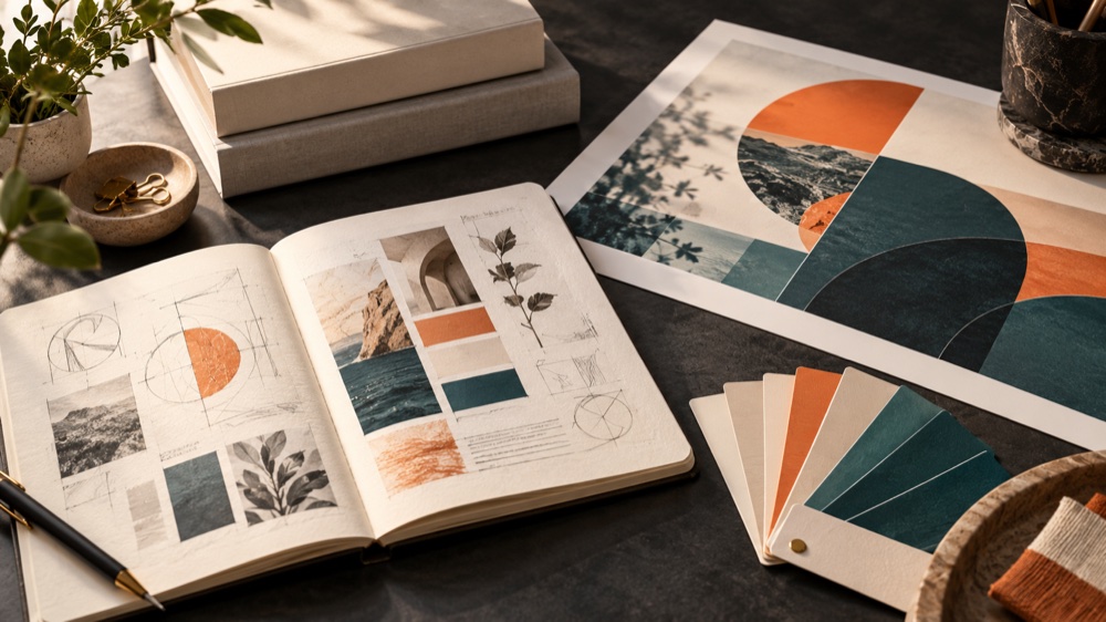 Composición editorial de un cuaderno de diseño, muestras de color y materiales creativos