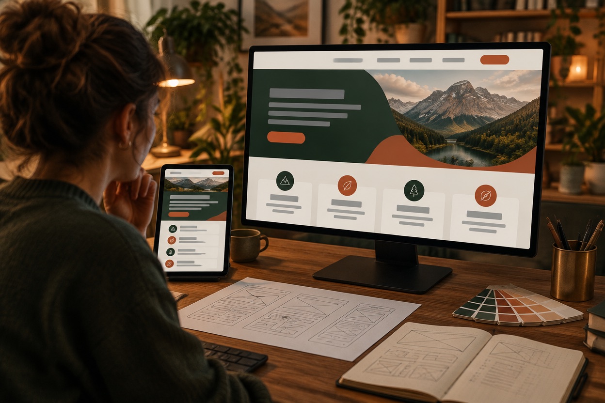 Diseñadora revisando el diseño de una landing page en pantalla junto a muestras de marca.