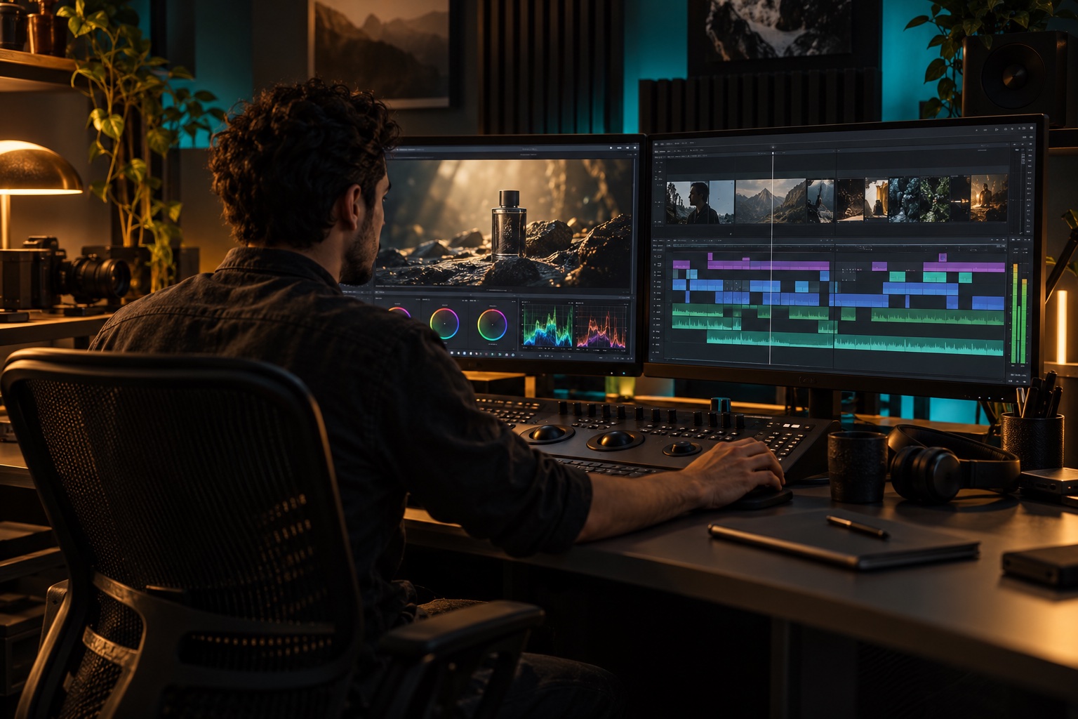 Editor trabajando en una sala de postproducción con una línea de tiempo de video.