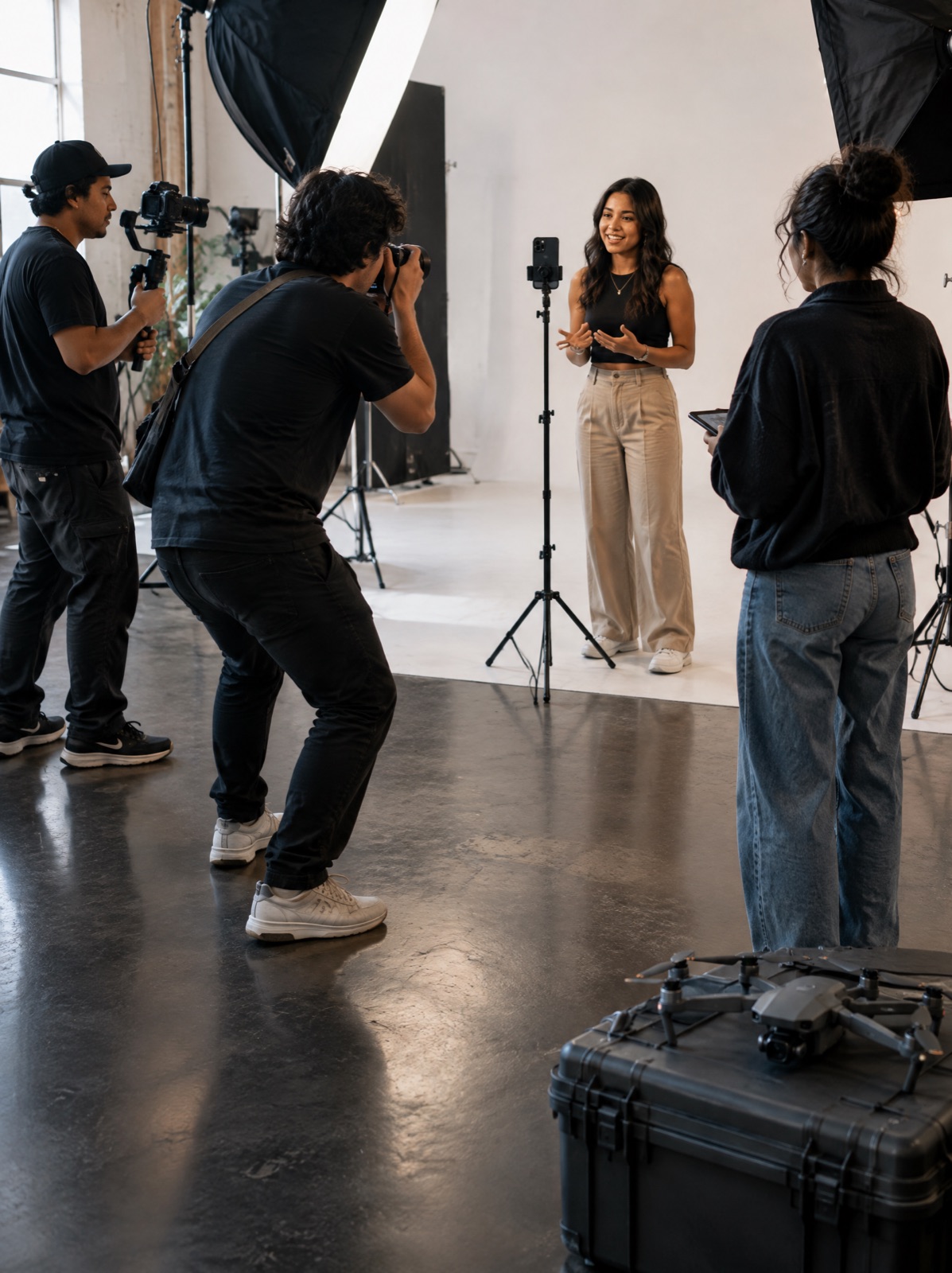 Equipo creativo en un estudio: una creadora graba con su celular mientras un fotógrafo y un videógrafo trabajan, con un dron listo en primer plano.