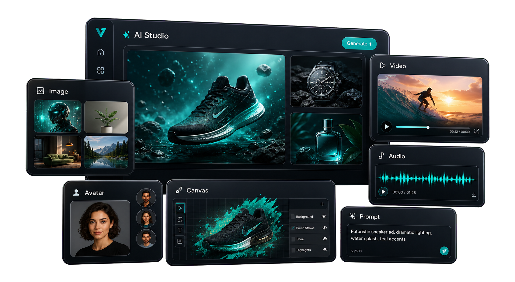 AI Studio de Virtalio con generación de imagen, video, audio, avatares, Canvas y prompts.